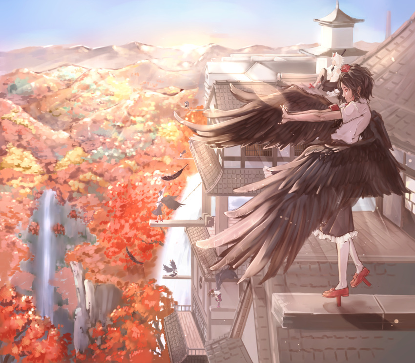 6+girls, alternate_eye_color, ankles, architecture, armband, autumn, autumn_leaves, bent_over