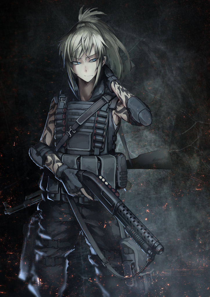 1girl, ammunition, assault_rifle, black_gloves, blonde_hair, blue_eyes, cowboy_shot, elbow_pads