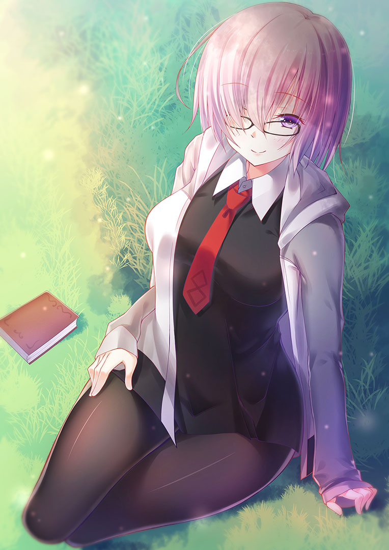 1girl, ame_wa_a_ga_tsutano?, arm_support, black_legwear, breasts, fate/grand_order, fate_(series), glasses