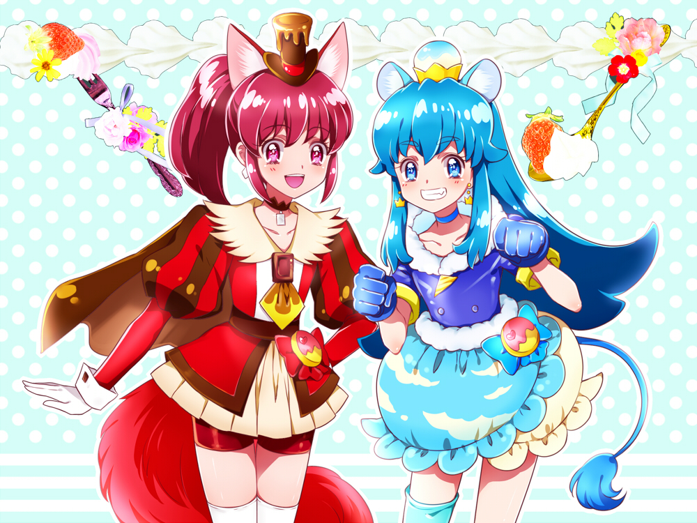 2girls, :d, aino_megumi, animal_ears, bike_shorts, blue_background, blue_bow, blue_eyes