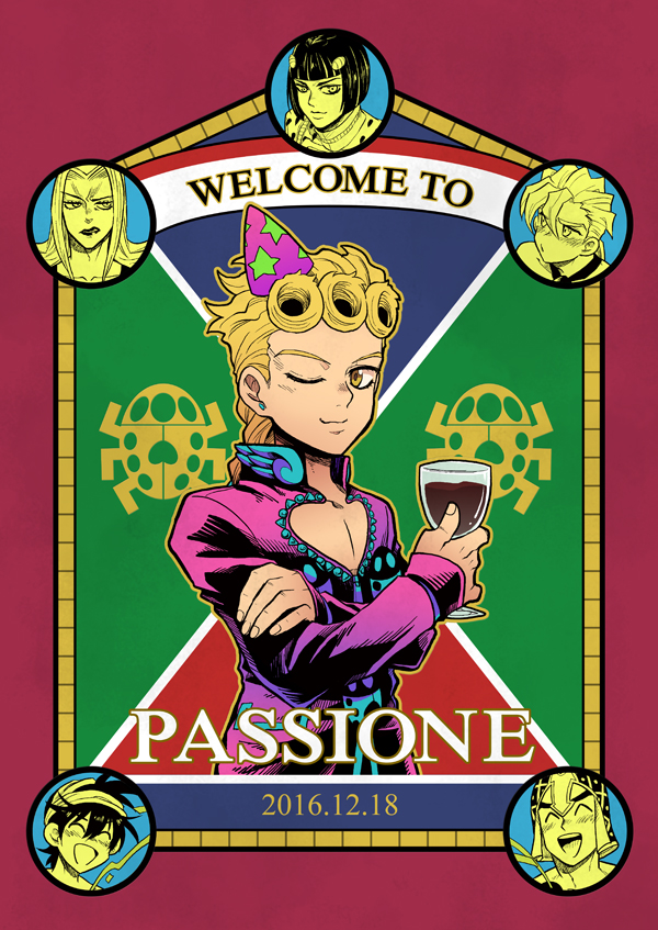 6+boys, blonde_hair, bob_cut, bruno_buccellati, cup, dated, dododo_dadada, drinking_glass