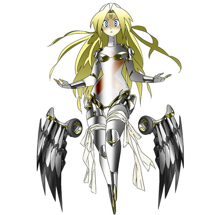 1girl, android, angel, blonde_hair, blue_eyes, cross, facial_mark, forehead_mark