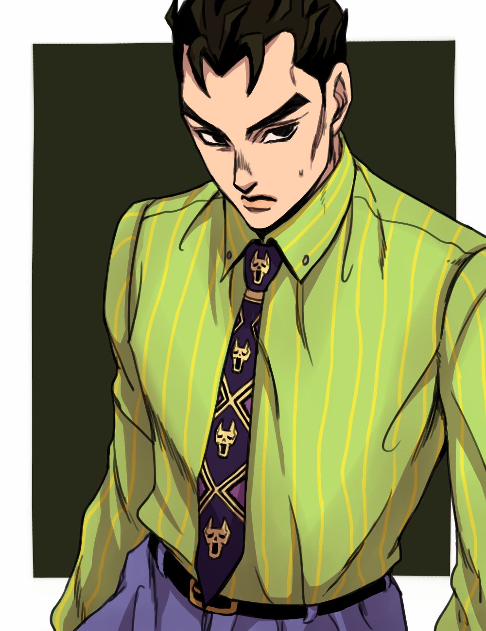 1boy, belt, black_eyes, black_hair, hage_tashuumi, highres, jojo_no_kimyou_na_bouken, kawajiri_kousaku, kira_yoshikage, male_focus, necktie, shirt, solo, striped, striped_shirt, sweatdrop, upper_body