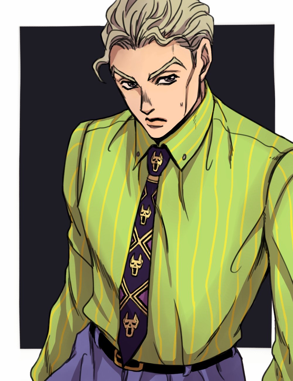 1boy, belt, blonde_hair, hage_tashuumi, highres, jojo_no_kimyou_na_bouken, kira_yoshikage, male_focus, necktie, shirt, solo, striped, striped_shirt, sweatdrop, upper_body