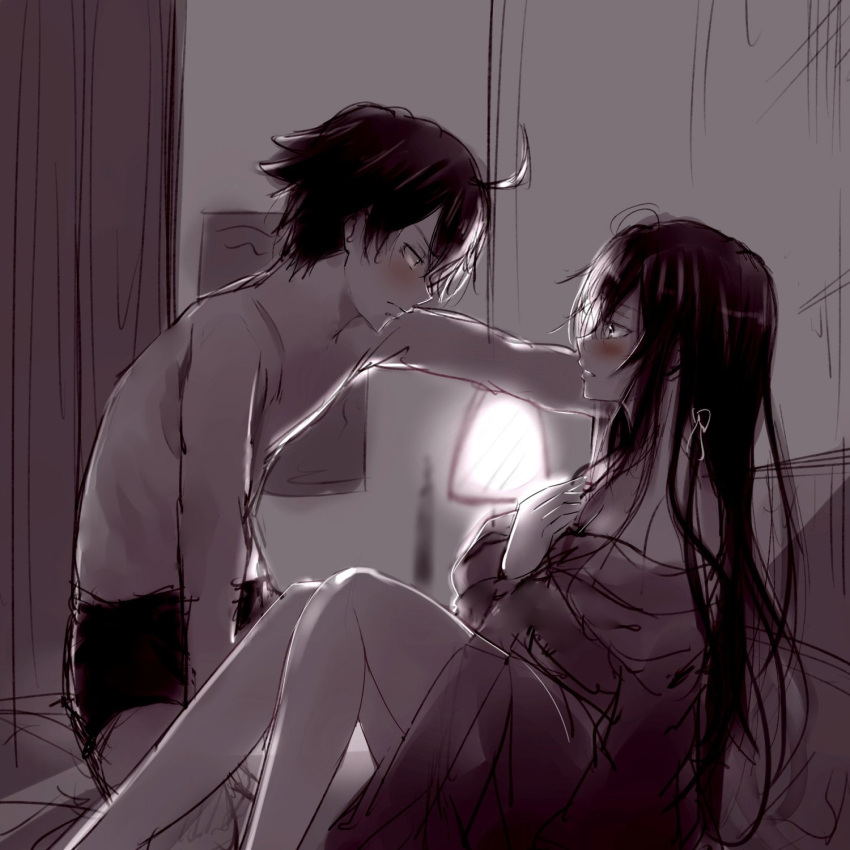 1boy, 1girl, ahoge, bare_legs, bathrobe, blush, couple, highres