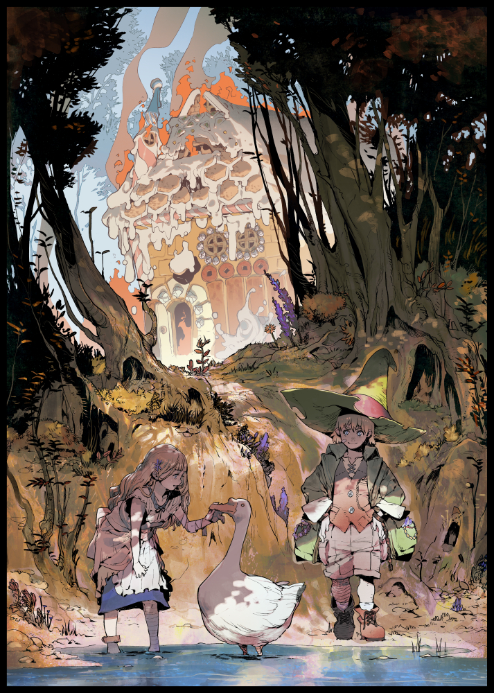 >:), 1boy, 1girl, a'j, bandage_on_face, bandaged_leg, bird, blue_eyes