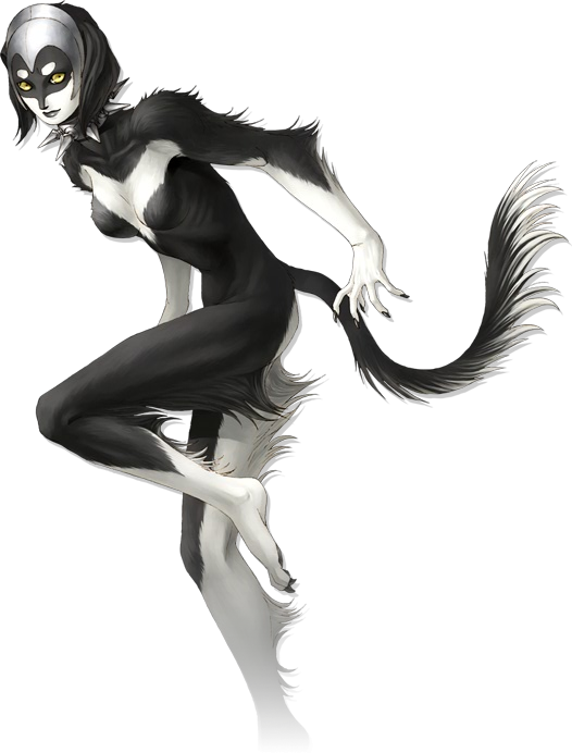 1girl, black_hair, claws, collar, devil_summoner, dog_tail, dormarth, fur, headpiece, kazuma_kaneko, looking_at_viewer, monster_girl, multicolored_skin, official_art, shin_megami_tensei, spiked_collar, spikes, tail, yellow_eyes