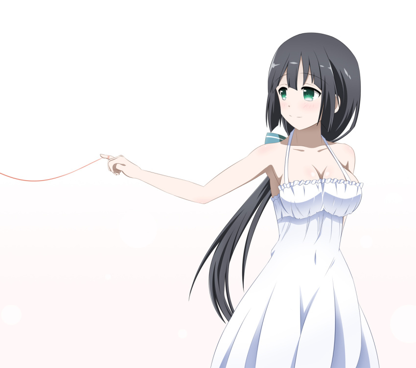 1girl, aqua_bow, arm_behind_back, black_hair, blush, bow, breasts, cleavage