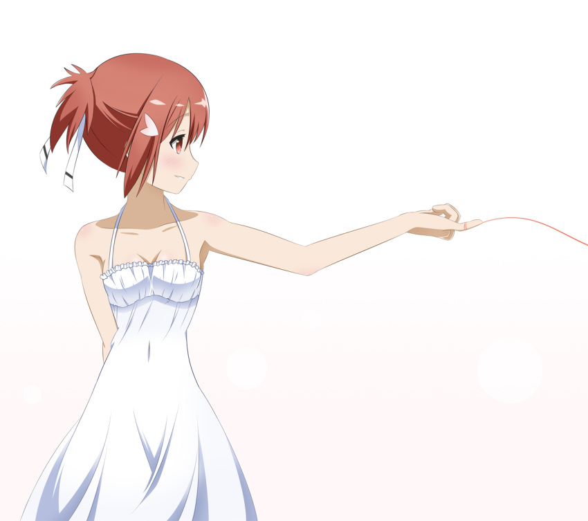 1girl, arm_behind_back, blush, collarbone, dress, eyebrows_visible_through_hair, frilled_dress, frills
