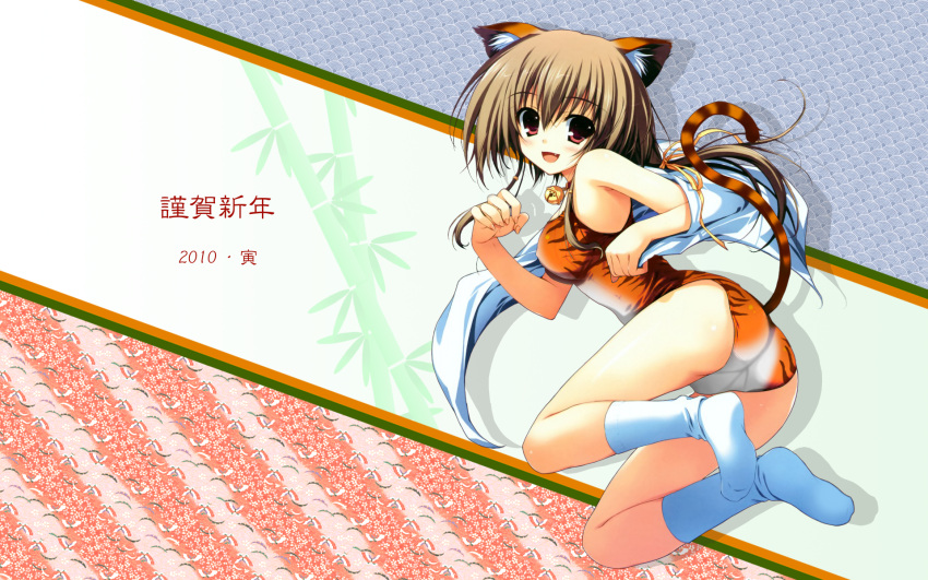 1girl, bell, brown_hair, mugenkidou, red_eyes, short_hair, tagme, tiger_ears