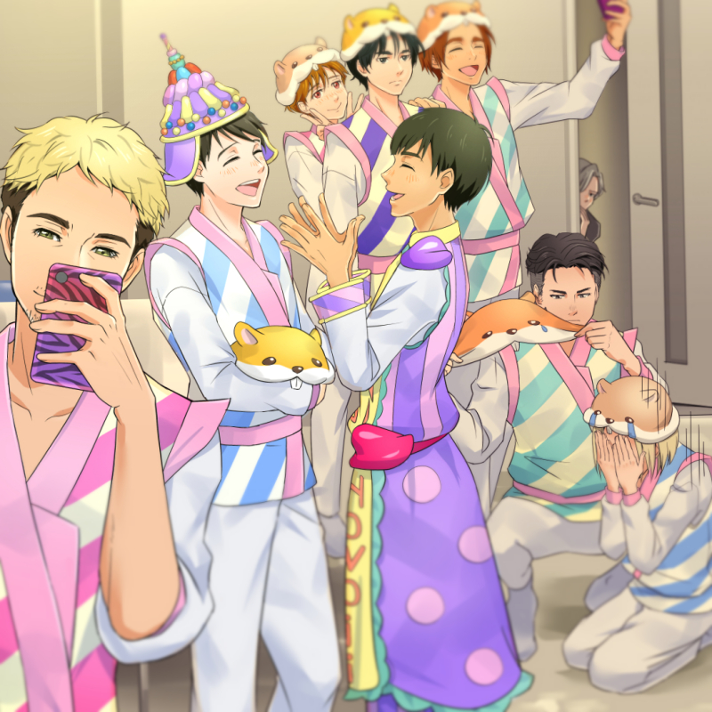6+boys, ^_^, animal_hat, black_hair, blonde_hair, brown_eyes, brown_hair, cellphone