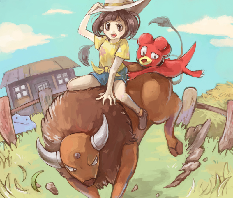 1girl, alternate_color, bare_arms, black_eyes, black_hair, blue_shorts, blue_sky, brown_shoes, building, bull, clouds, commentary_request, day, ditto, door, female_protagonist_(pokemon_sm), fence, floral_print, gameplay_mechanics, grass, hand_on_headwear, hat, hay, haystack, hooves, horns, looking_down, magby, multiple_tails, open_mouth, outdoors, pokemon, pokemon_(creature), pokemon_(game), pokemon_sm, polyacryla, ranch, riding, rock, shiny_pokemon, shirt, shoes, short_hair, short_sleeves, shorts, sky, socks, tail, tauros, tongue, white_hat, window, wooden_door, wooden_fence, yellow_shirt