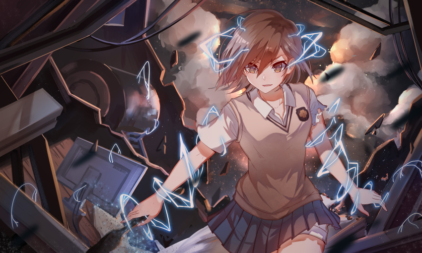 1girl, absurdres, biribiri, brown_eyes, brown_hair, dress_shirt, electricity, facing_viewer, grey_skirt, highres, matching_hair/eyes, misaka_mikoto, monitor, open_mouth, school_uniform, shirt, short_hair, short_sleeves, shorts_under_skirt, skirt, smoke, solo, sora_(zwz030), sweater_vest, to_aru_kagaku_no_railgun, to_aru_majutsu_no_index, turbine, wreckage