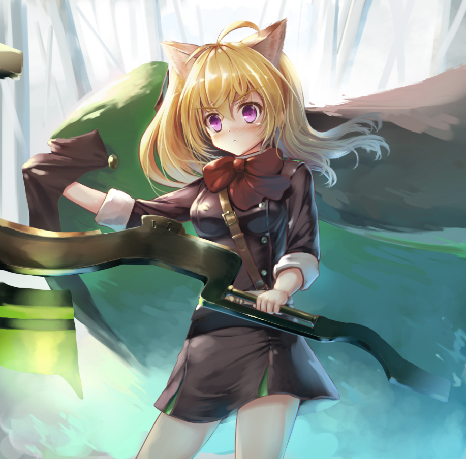 1girl, animal_ears, blonde_hair, cat_ears, holding, holding_weapon, long_hair, military