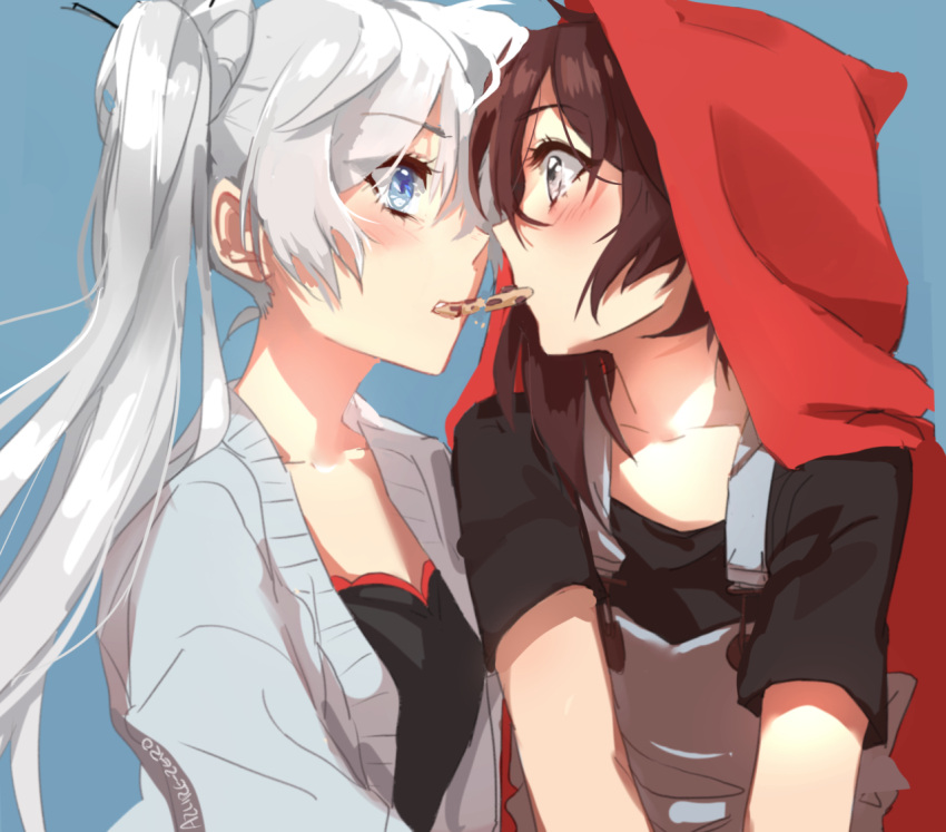2girls, :o, azure-zer0, black_hair, black_shirt, blue_background, blue_eyes, blush