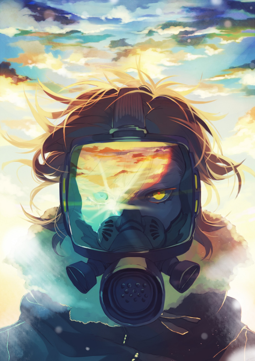 1boy, aqua_eyes, brown_hair, clouds, cloudy_sky, covered_mouth, crying, crying_with_eyes_open