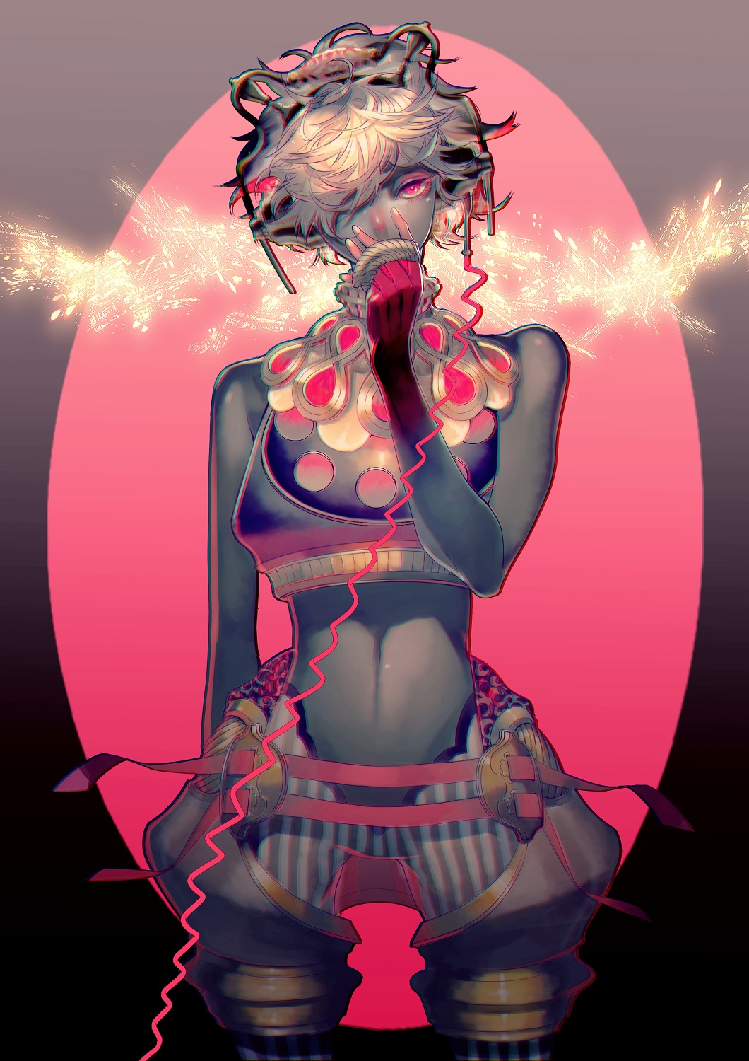 1girl, android, arm_at_side, bangs, bare_shoulders, black_skin, cable, covered_mouth