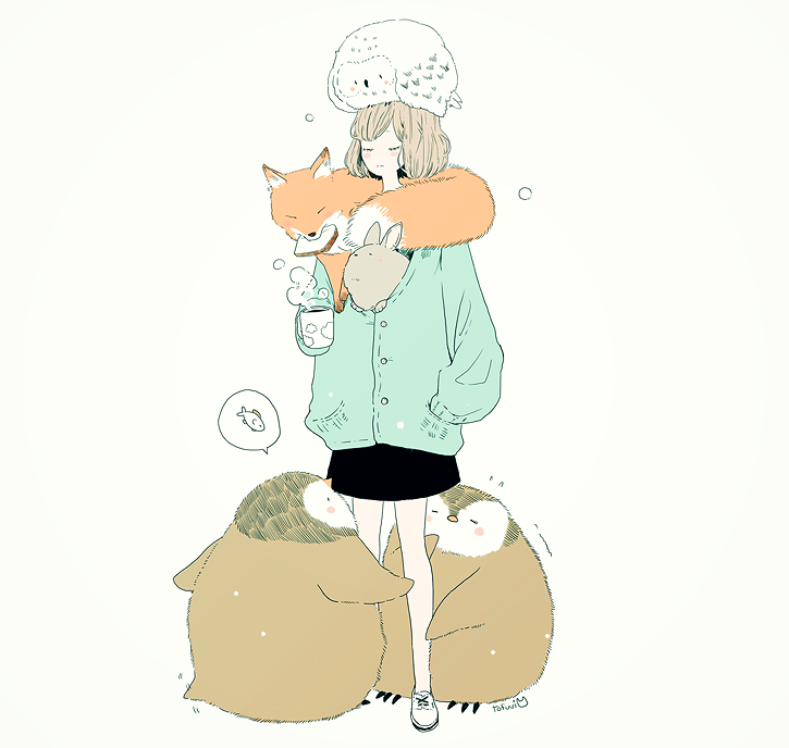 1girl, animal, animal_around_neck, animal_in_clothes, animal_on_head, artist_name, baby_penguin, bangs, bare_legs, bird, bird_on_head, black_skirt, blush, bob_cut, brown_hair, cardigan, closed_eyes, closed_mouth, cloud_print, commentary, cross-laced_footwear, cup, eyelashes, fish, flying_sweatdrops, food, food_in_mouth, fox, hand_in_pocket, holding, holding_cup, leg_hug, legs_apart, long_sleeves, miniskirt, motion_lines, mouth_hold, mug, original, owl, penguin, rabbit, shoes, short_hair, simple_background, skirt, snowing, speech_bubble, spoken_animal, standing, steam, toast, toast_in_mouth, tofuvi, trembling, white_shoes