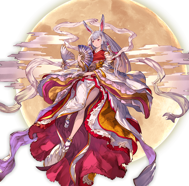 1girl, animal_ears, character_request, dress, fan, full_body, granblue_fantasy, hair_ornament, holding, japanese_clothes, kaguya_(granblue_fantasy), lavender_hair, long_hair, minaba_hideo, moon, official_art, rabbit_ears, red_eyes, sandals, solo, tabi, transparent_background, very_long_hair, wide_sleeves