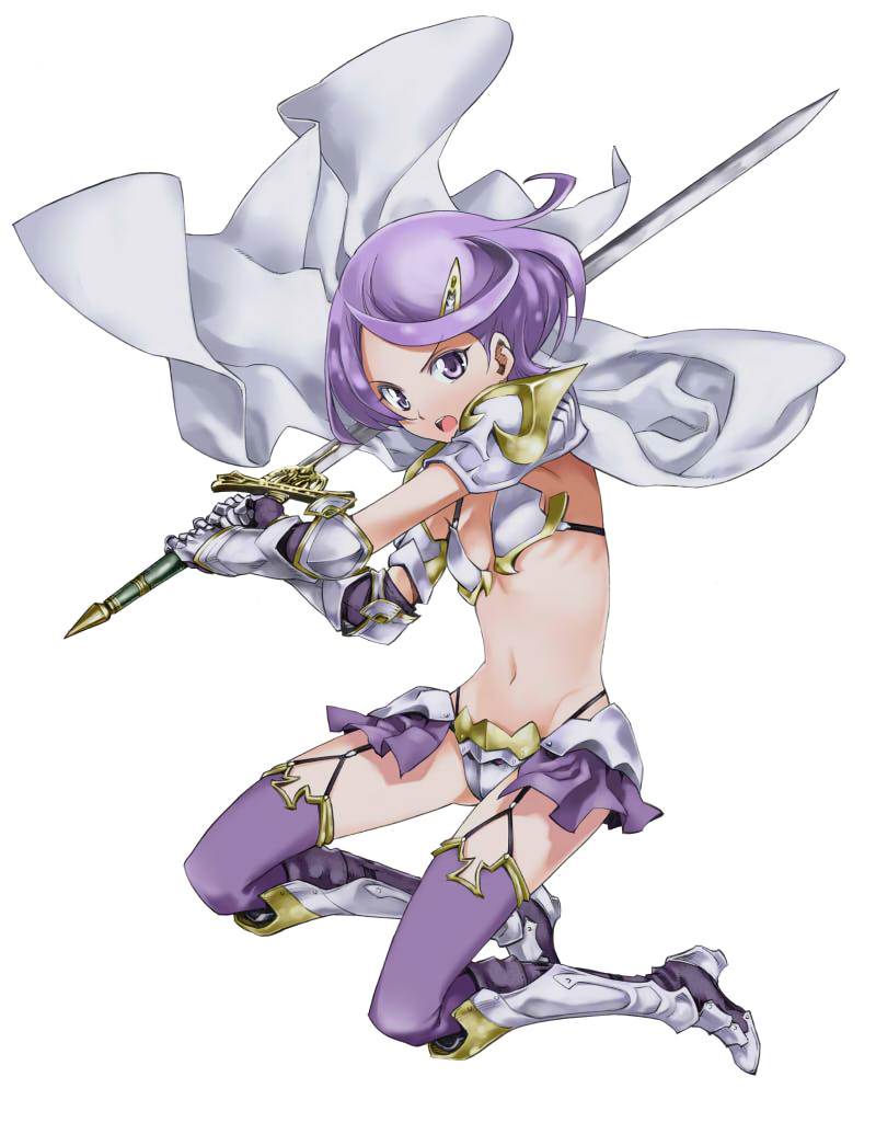 armor, armored_boots, bangs, bikini_armor, boots, cape, cure_sword, dokidoki!_precure, full_body, garter_straps, greaves, hair_ornament, kenzaki_makoto, looking_at_viewer, navel, open_mouth, precure, purple_hair, short_hair, simple_background, swept_bangs, sword, thigh-highs, violet_eyes, weapon, white_background, wind, wind_lift