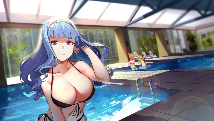 3girls, absurdres, back, bangs, bare_arms, bare_shoulders, bikini, black_bikini, blue_hair, blunt_bangs, blurry, breasts, brown_hair, chair, cleavage, closed_mouth, collarbone, depth_of_field, doitsu_no_kagaku, flat_chest, folding_chair, front-tie_bikini, front-tie_top, frown, futami_ami, futami_mami, glass, hair_tucking, hairband, hand_in_hair, highres, huge_breasts, idolmaster, indoors, innertube, large_breasts, lens_flare, long_hair, looking_at_viewer, multiple_girls, one_side_up, pink_eyes, pool, pool_ladder, poolside, purple_bikini, rei_no_pool, shade, shijou_takane, short_hair, siblings, side-tie_bikini, sisters, skindentation, solo_focus, stomach, strap_gap, strapless, strapless_bikini, string_bikini, swimsuit, tile_floor, tiles, tree, twins, violet_eyes, wading, water, wavy_hair, yellow_bikini