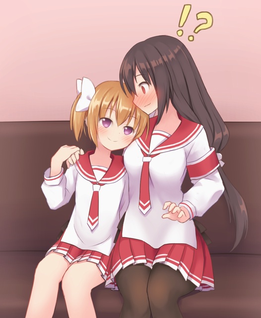 !?, 2girls, akeyama, armband, black_legwear, blush, breasts, brown_hair