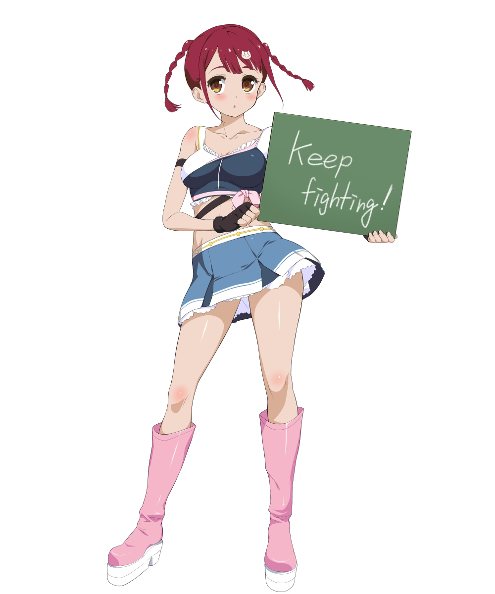 1girl, :o, arm_strap, black_gloves, blush, boots, braid, brown_eyes
