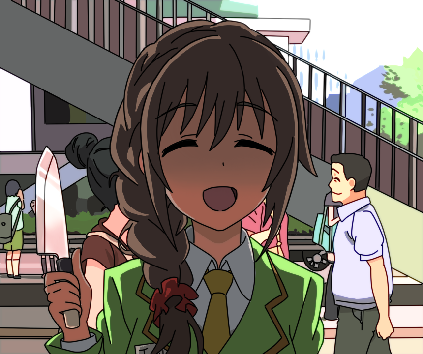 1girl, ^_^, ^o^, braid, brown_hair, closed_eyes, commentary_request, day
