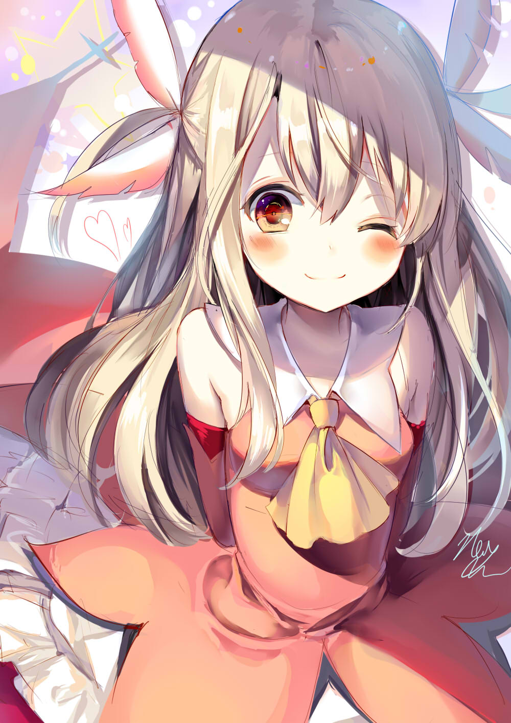 1girl, ;), artist_name, bangs, blonde_hair, blush, breasts, closed_mouth