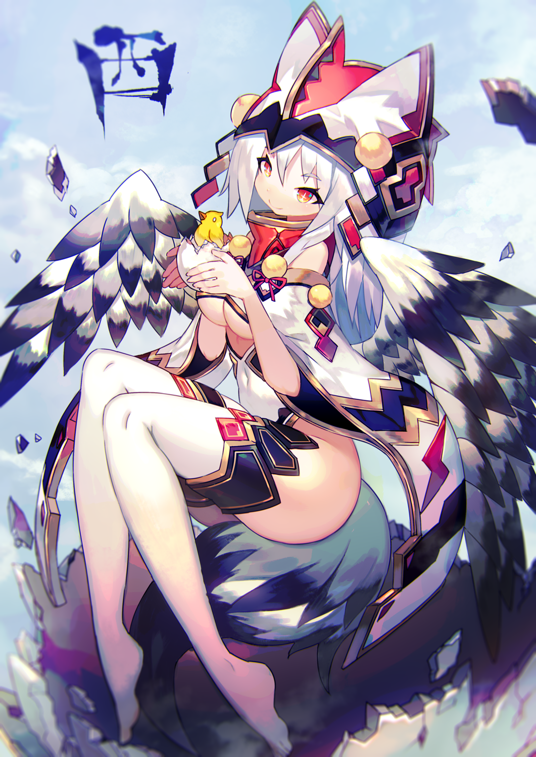 +_+, 1girl, bangs, bird, blue_sky, breasts, chick, cleavage