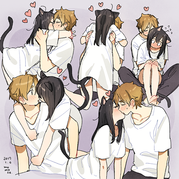 1boy, 1girl, animal_ears, arms_around_neck, artist_name, black_hair, blush, cat_ears