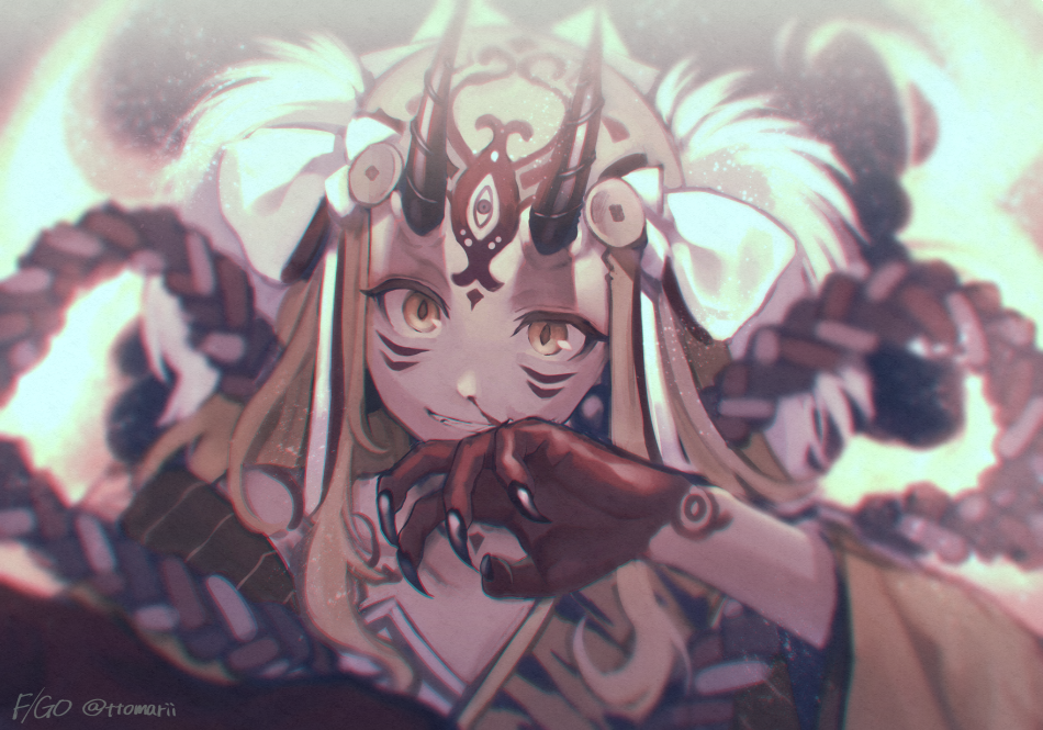 1girl, blonde_hair, blood, blurry, claws, closed_mouth, coin, copyright_name
