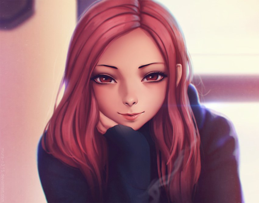 1girl, artist_name, blue_sweater, chin_rest, commentary, deviantart_username, eyelashes, highres