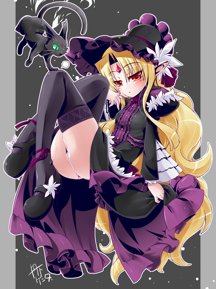 1girl, animal, anora_arukunoa, ass, bangs, black_background, black_cat, black_dress, black_legwear, black_shoes, blonde_hair, blush, bonnet, breasts, cat, center_frills, dress, ear_clip, forehead_jewel, from_side, full_body, glint, green_sclera, hisame_genta, jewelry, juliet_sleeves, long_hair, long_sleeves, looking_at_another, looking_at_viewer, mary_janes, medium_breasts, outside_border, panties, parted_bangs, parted_lips, pink_panties, pointy_ears, puffy_sleeves, red_eyes, ring, shoes, slit_pupils, thigh-highs, underwear, venus_blood, venus_blood_-hypno-, very_long_hair