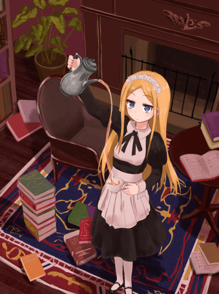 1girl, :/, apron, arm_up, bangs, black_ribbon, black_shoes, blonde_hair