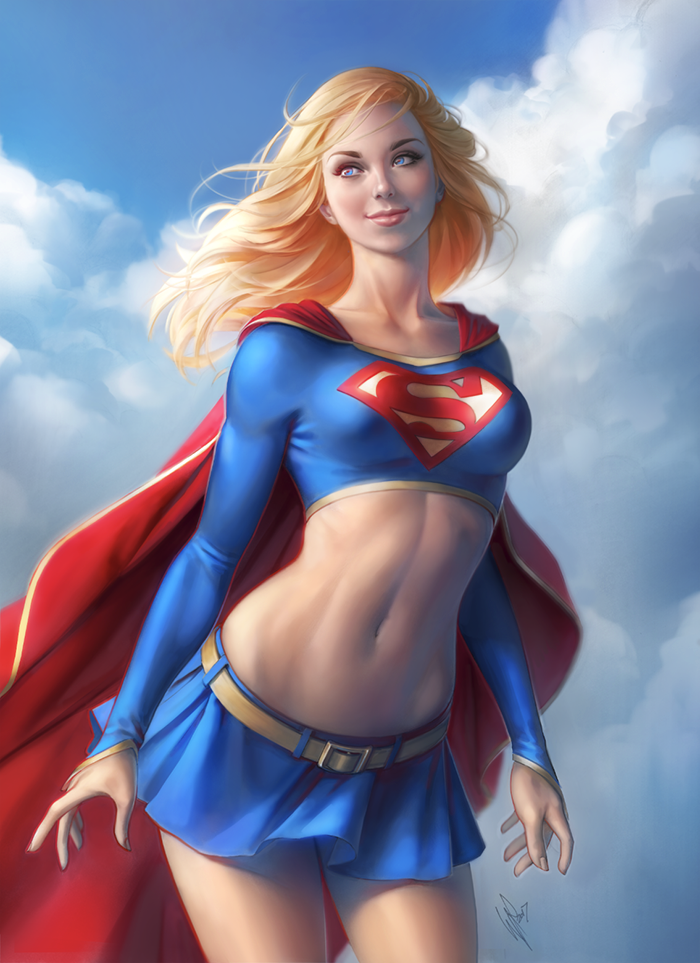 1girl, belt, blonde_hair, blue_eyes, blue_sky, cape, clouds, dc_comics