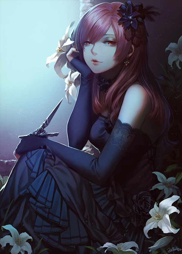 1girl, bare_shoulders, black_dress, black_gloves, black_nails, black_rose, breasts, choker