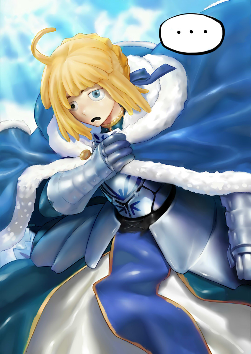 1girl, ahoge, armor, armored_dress, artoria_pendragon_(all), blonde_hair, blue_dress, coat