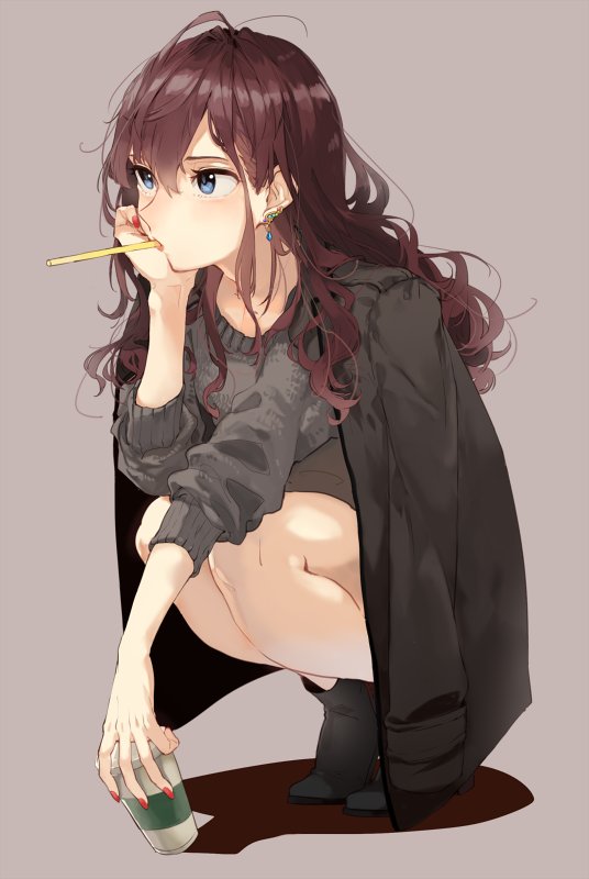 1girl, ahoge, bangs, black_boots, black_jacket, blue_eyes, blush, boots, brown_hair, coffee, coffee_cup, cup, drinking_straw, earrings, full_body, grey_background, hair_between_eyes, hamada_(super_tachioyogi_kyousou), hand_on_own_face, head_rest, holding, holding_cup, ichinose_shiki, idolmaster, idolmaster_cinderella_girls, jacket, jacket_on_shoulders, jewelry, kneeling, long_hair, long_sleeves, mouth_hold, nail_polish, shadow, simple_background, sleeves_pushed_up, sleeves_rolled_up, solo, squatting, sweater, wavy_hair
