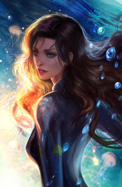 1girl, backlighting, bodysuit, brown_hair, bubble, commentary, cover, cover_page