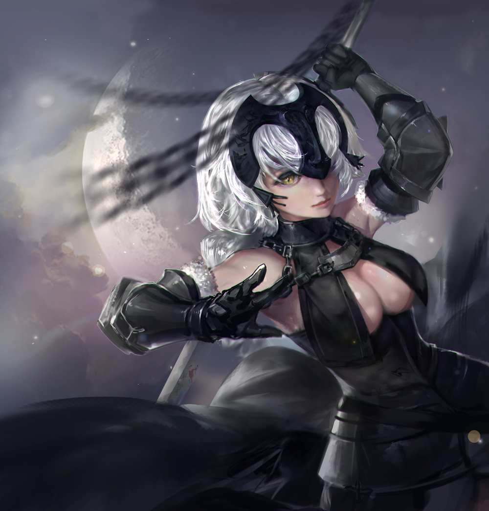 1girl, armored_corset, belt, breasts, chains, collar, cowter, dutch_angle