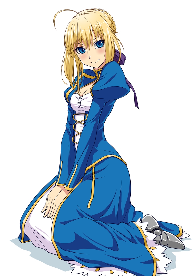1girl, ahoge, armor, armored_boots, blonde_hair, blue_eyes, boots, breasts