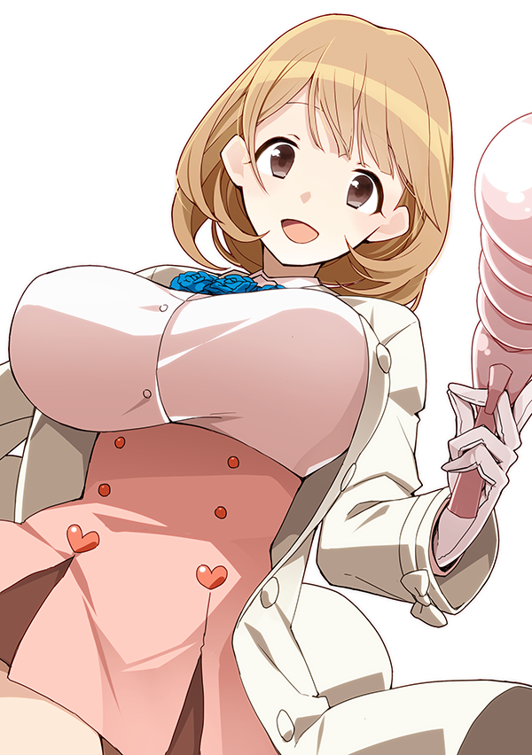 1girl, breasts, brown_eyes, brown_hair, cielo_oceano, energy_gun, gloves, huge_breasts, long_hair, looking_at_viewer, matching_hair/eyes, narusawa_ryouka, occultic;nine, ray_gun, simple_background, smile, solo, weapon, white_background, white_gloves