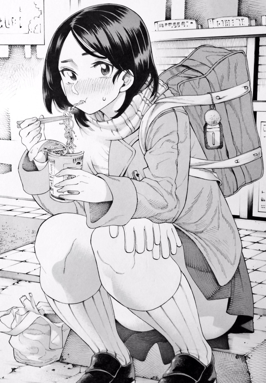 1girl, bag, bag_charm, blazer, blush, cup, eating, full-face_blush