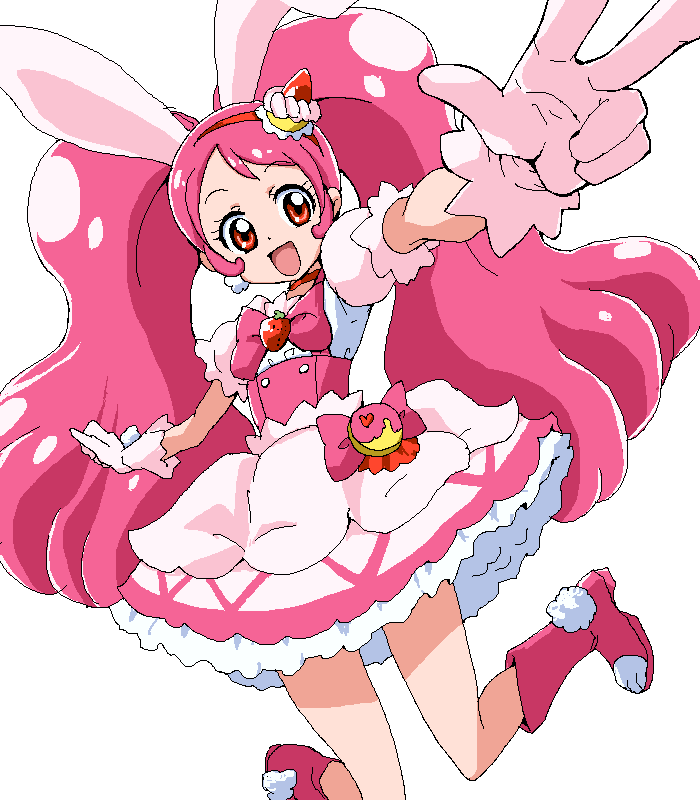 1girl, :d, animal_ears, boots, bow, cake_hair_ornament, choker, corset