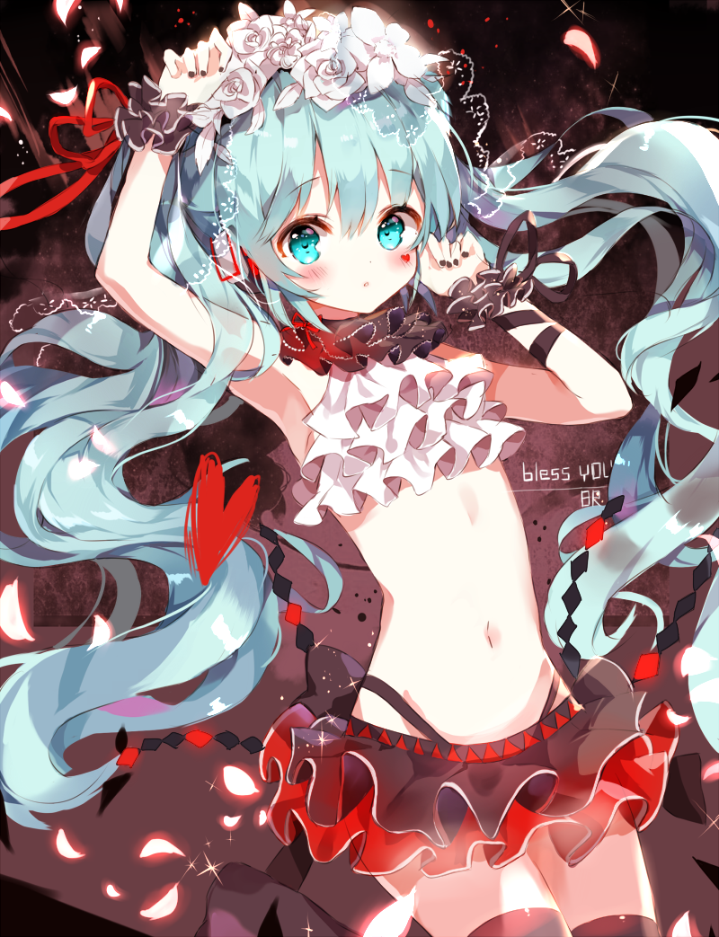 1girl, aqua_eyes, aqua_hair, arm_up, dohj00, hatsune_miku, head_wreath, long_hair, navel, nisoku_hokou_(vocaloid), skirt, solo, thigh-highs, twintails, very_long_hair, vocaloid