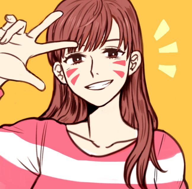 /\/\/\, 1girl, :d, bosong_beoseot, brown_eyes, brown_hair, d.va_(overwatch), facepaint, facial_mark, grin, hand_up, long_hair, long_sleeves, looking_at_viewer, matching_hair/eyes, open_mouth, overwatch, shirt, smile, solo, striped, striped_shirt, teeth, w, whisker_markings, white_background, yellow_background