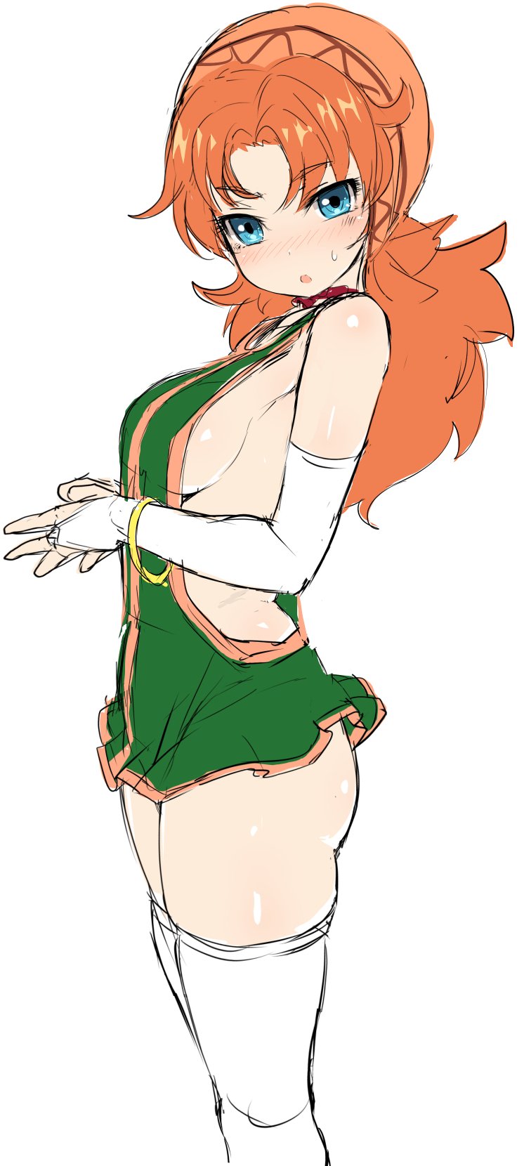 1girl, 5240mosu, ass, bangs, blue_eyes, blush, bracelet, breasts, bridal_gauntlets, commentary_request, curly_hair, dragon_quest, eyebrows_visible_through_hair, flat_ass, from_side, highres, hood, jewelry, long_hair, looking_at_viewer, maribel, medium_breasts, nose_blush, open_mouth, orange_hair, ponytail, sideboob, simple_background, sketch, sleeveless, solo, standing, sweat, thigh-highs, white_background, white_legwear