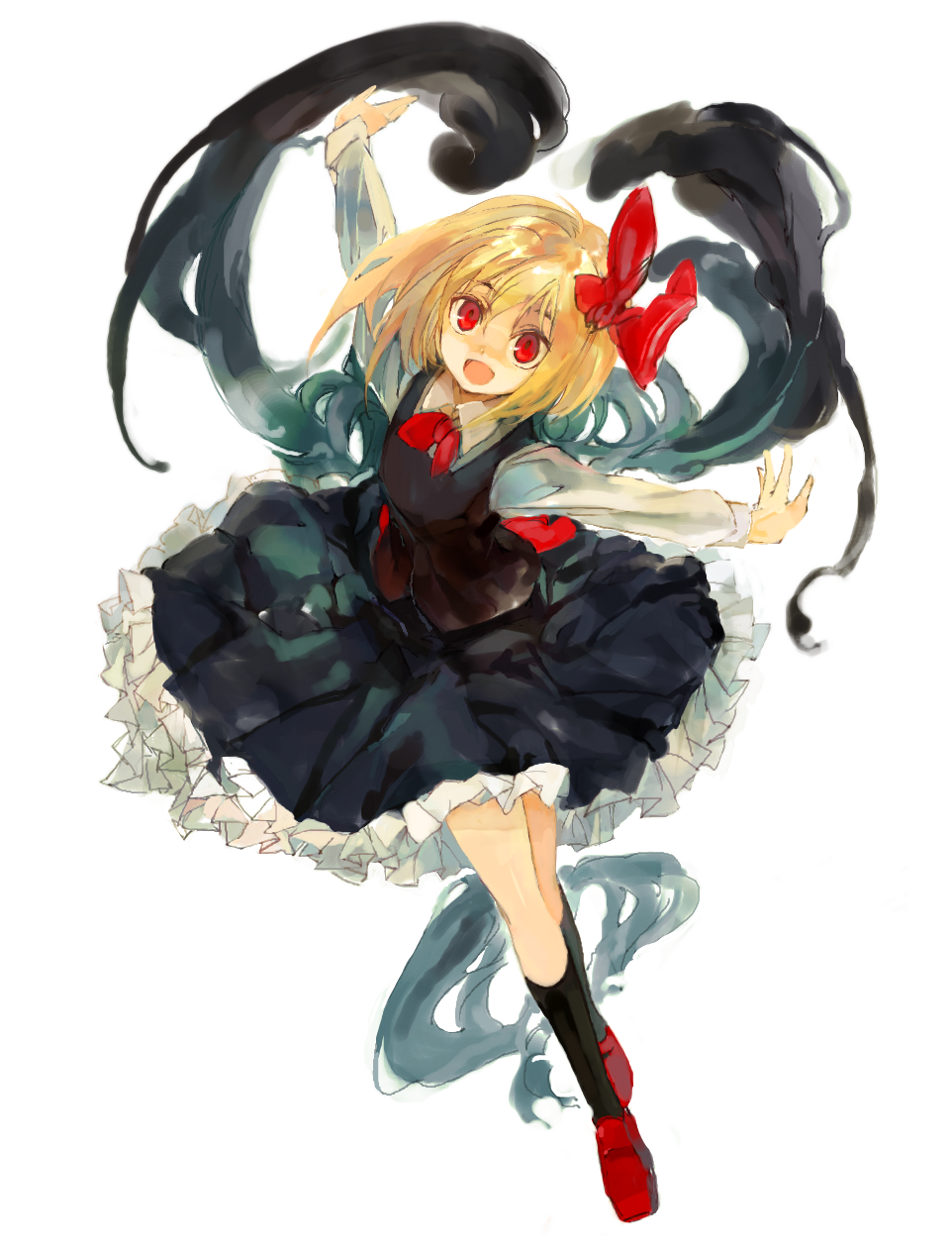 1girl, :d, blonde_hair, collar, collared_shirt, darkness, frilled_skirt, frills