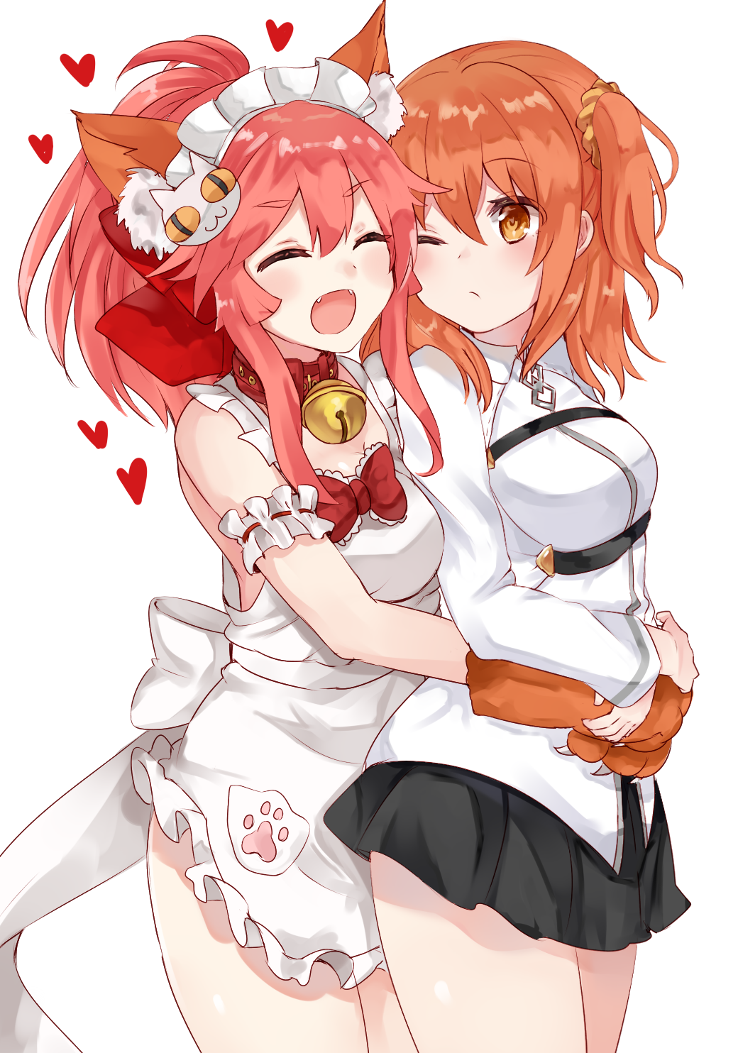 2girls, animal_ears, apron, bell, bell_collar, black_skirt, blush, bow